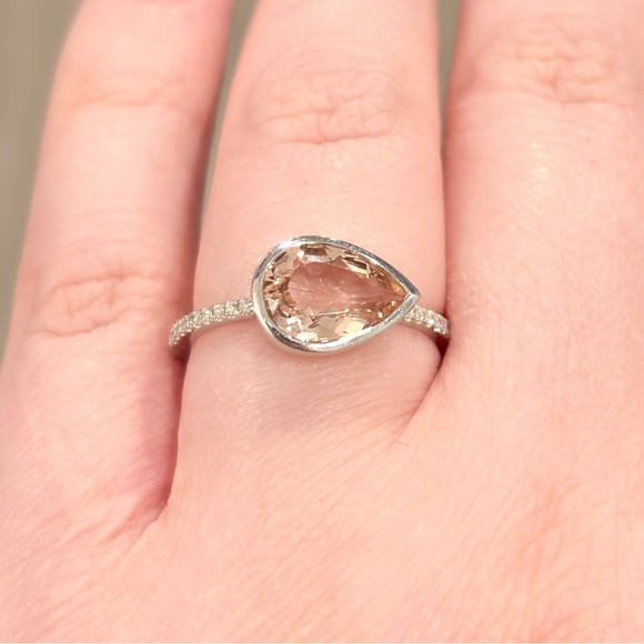 18K Morganite Diamond Ring: 3 Carat Pear Solitaire Peach Bezel Size 7.25 - Picture 4 of 11